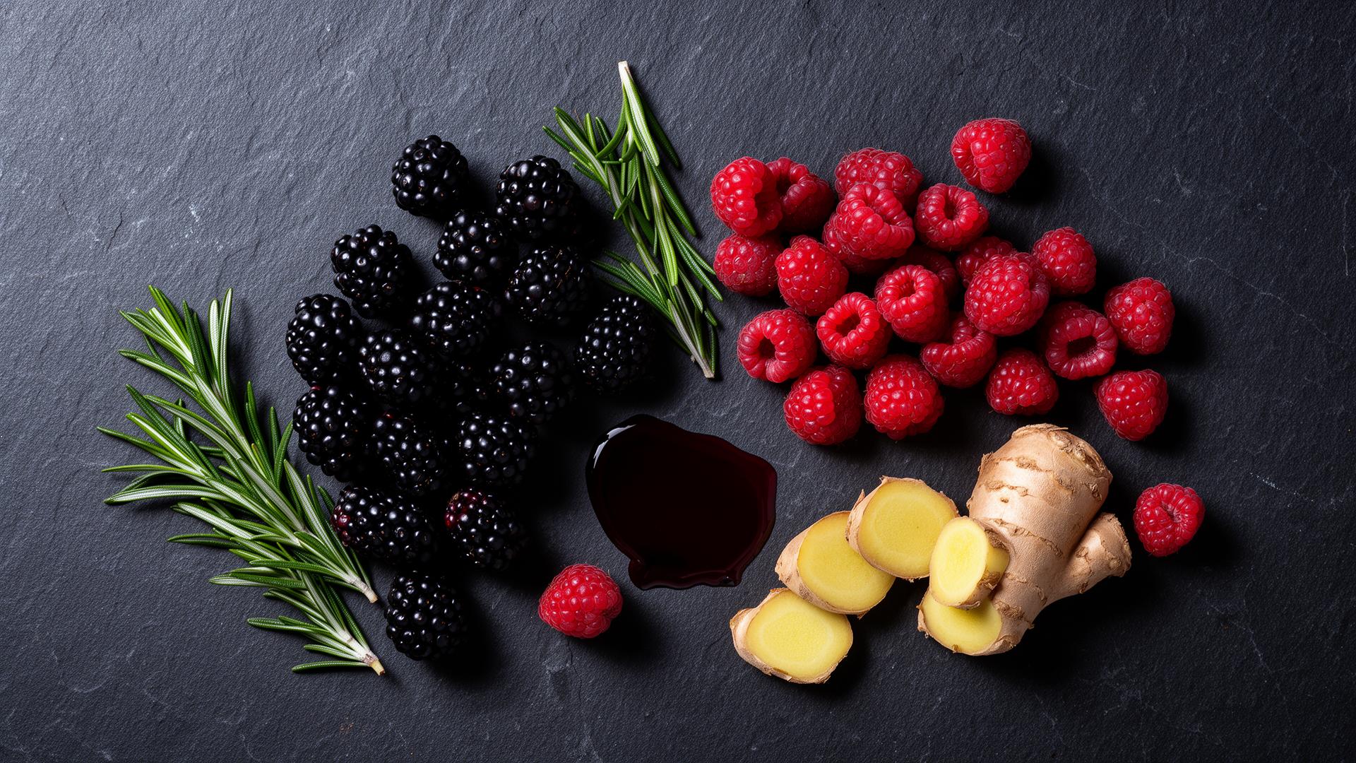 Whole blackberries, raspberries, rosemary, ginger and fruit vinegar